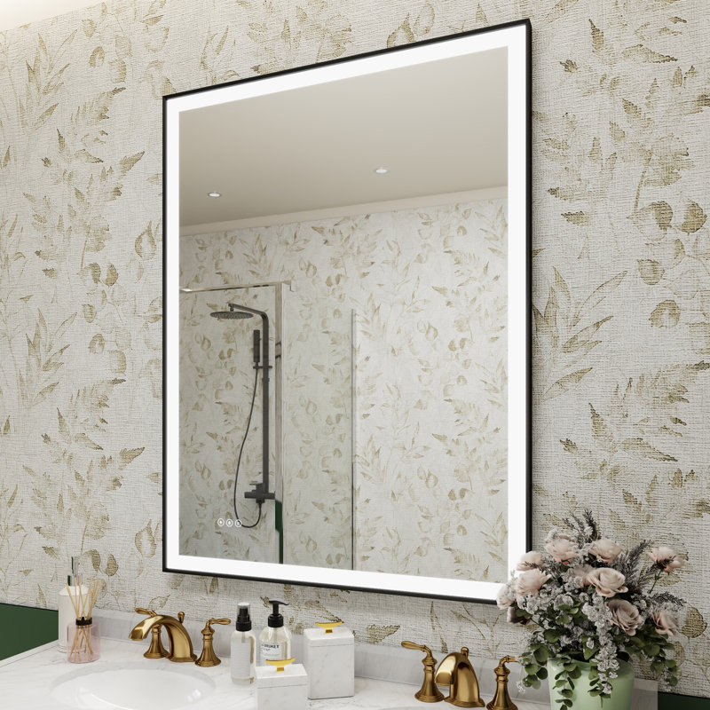 Miroir de salle de bain à DEL en verre trempé à intensité variable avec cadre en aluminium noir, Rectangle, 36 po x 48 po