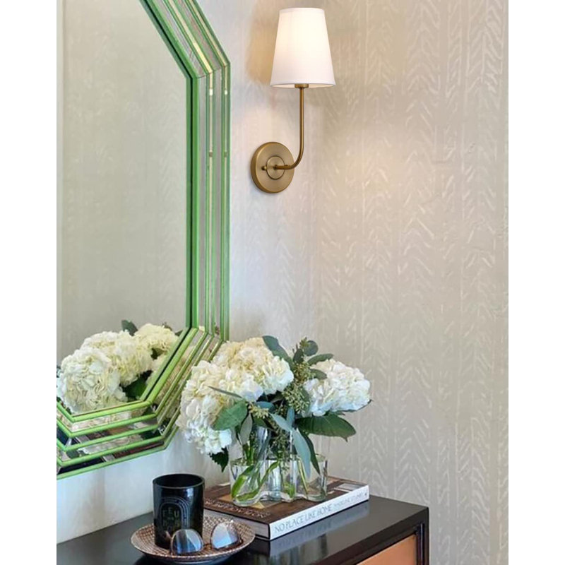 Set of 2 Antique Brass Wall Sconces with White Fabric Shades