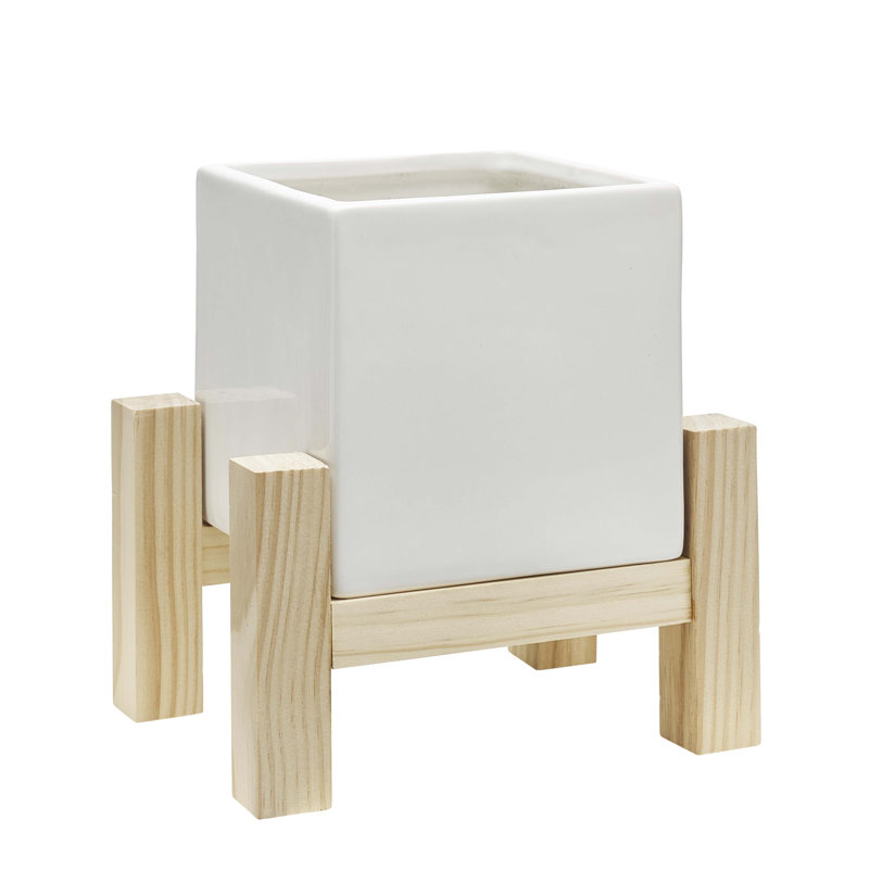 Pot à fleurs d'intérieur en céramique avec support en bois