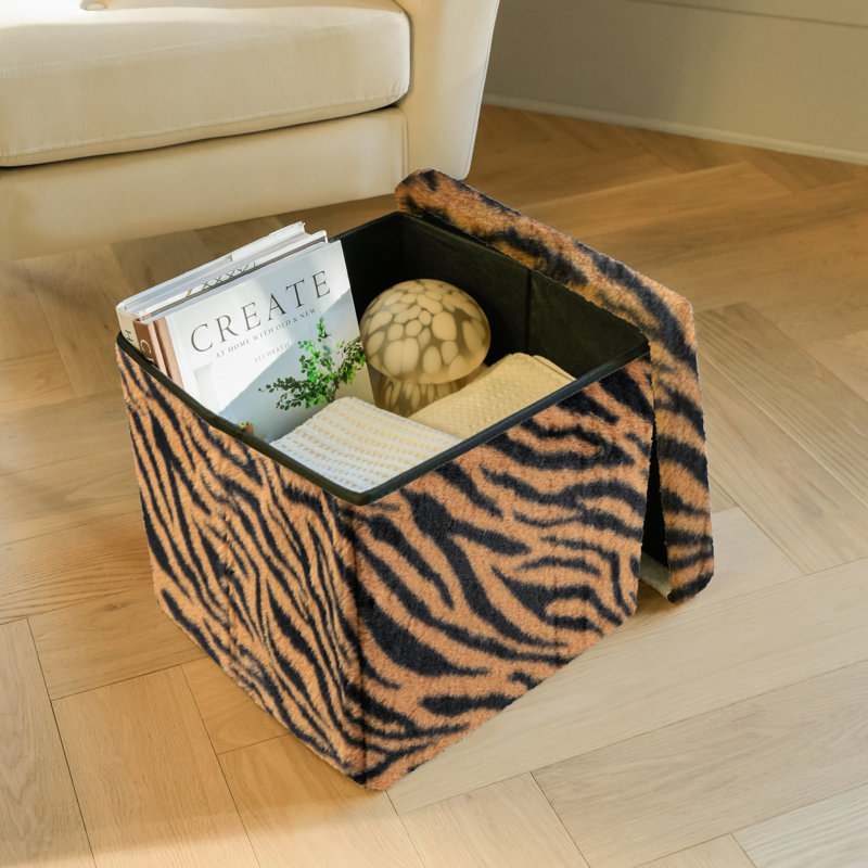 Go-Poufs Knock-Down Medium Cube Faux Fur Storage Ottoman |15"x15"x15", Tiger