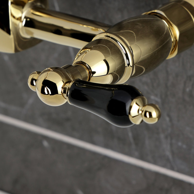 Kingston Brass Duchess Double-Handle 2-Hole Wall-Mount Bridge Kitchen Faucet, Polished Brass
