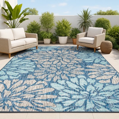 Hagy Modern Floral Textured Weave Navy/Aqua Indoor/Outdoor Rug