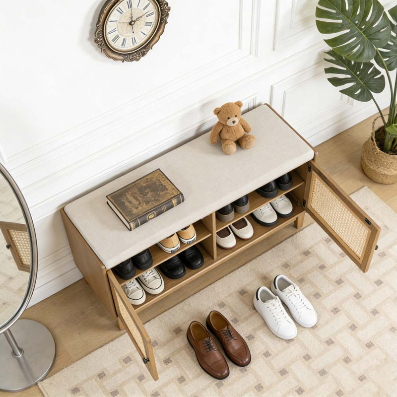 Entryway Bench with Storage, Cushioned Shoe Bench with Double Doors, Brown/Beige
