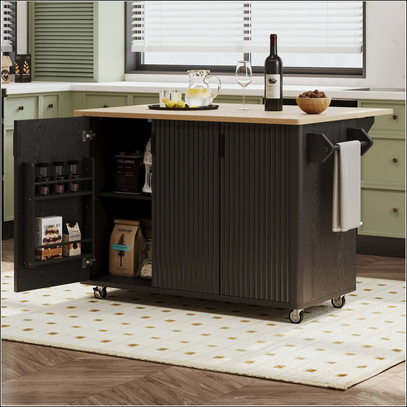 Îlot de cuisine cannelé de 51 po avec rallonge, support de rangement interne et chariot roulant, Black