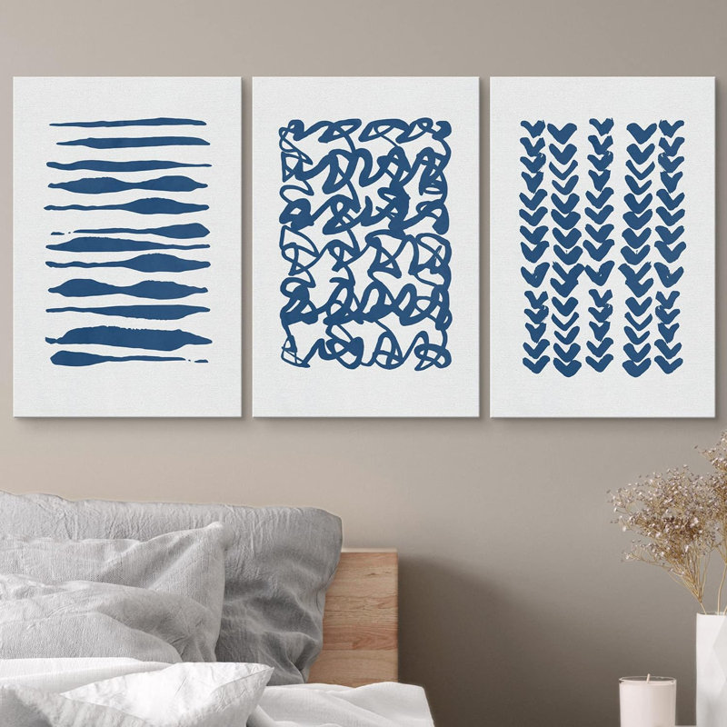«Geometric Line Blue Brush Stroke Line Art Collage Abstract Patterns Modern Art Mid-Century Modern on Canvas», reproduction de 3 pièces