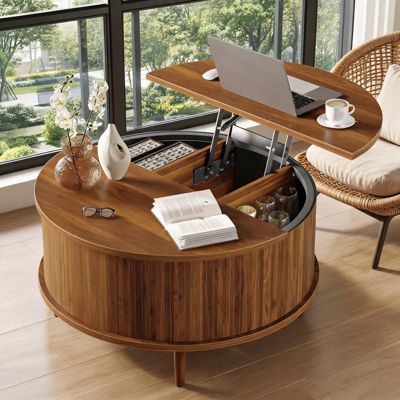 Table basse ronde de 31,5 po avec couvercle à charnière et rangement dissimulé - Design moderne de style Mid-Century, structure robuste, salon ou chambre à coucher multiusage