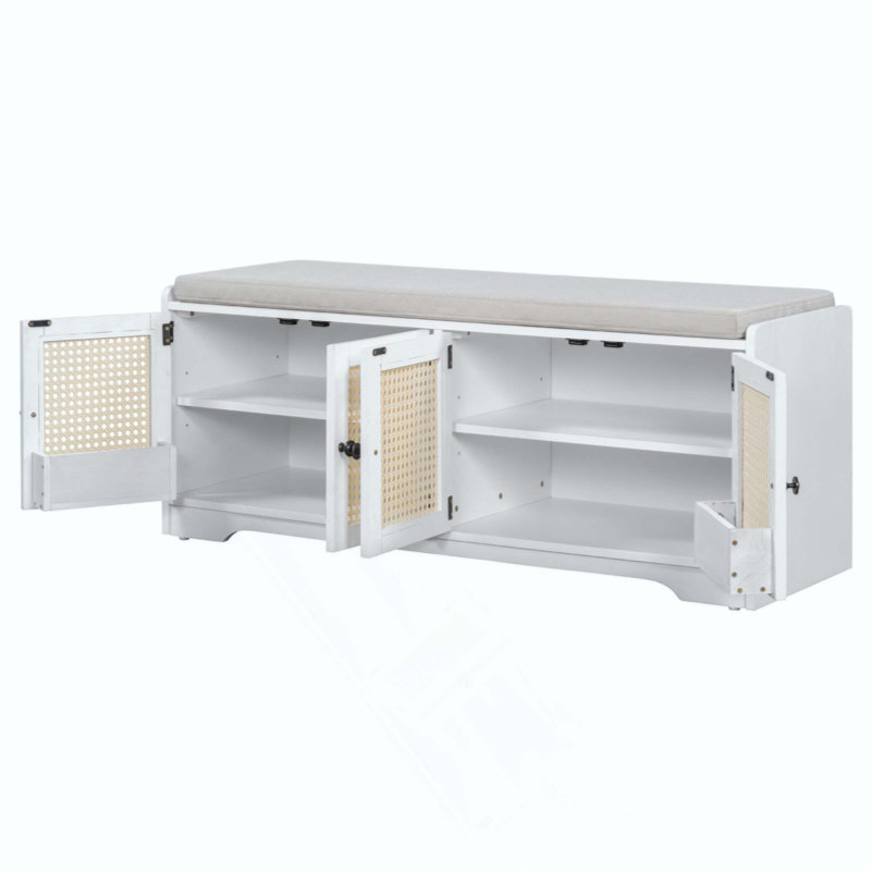 Rustic Storage Bench, Multifunctional Wood Entryway Shoe Bench with Removable Cushion, Woven Rattan Doors & Adjustable Shelves