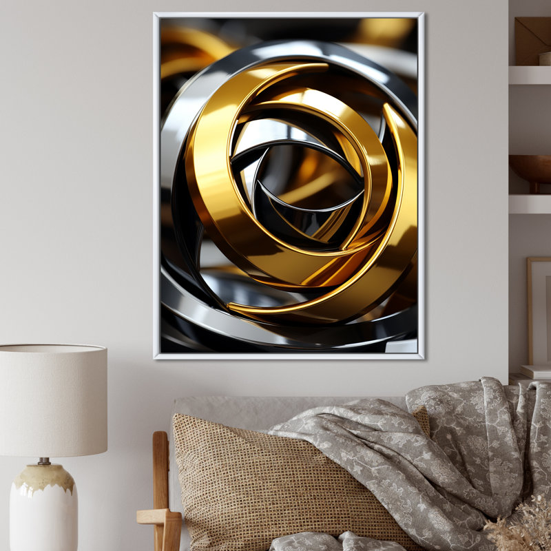 Circular Futuristic Gold And Silver Swirl On Canvas Print, White Floater Framed, 32" H x 24" W x 1" D