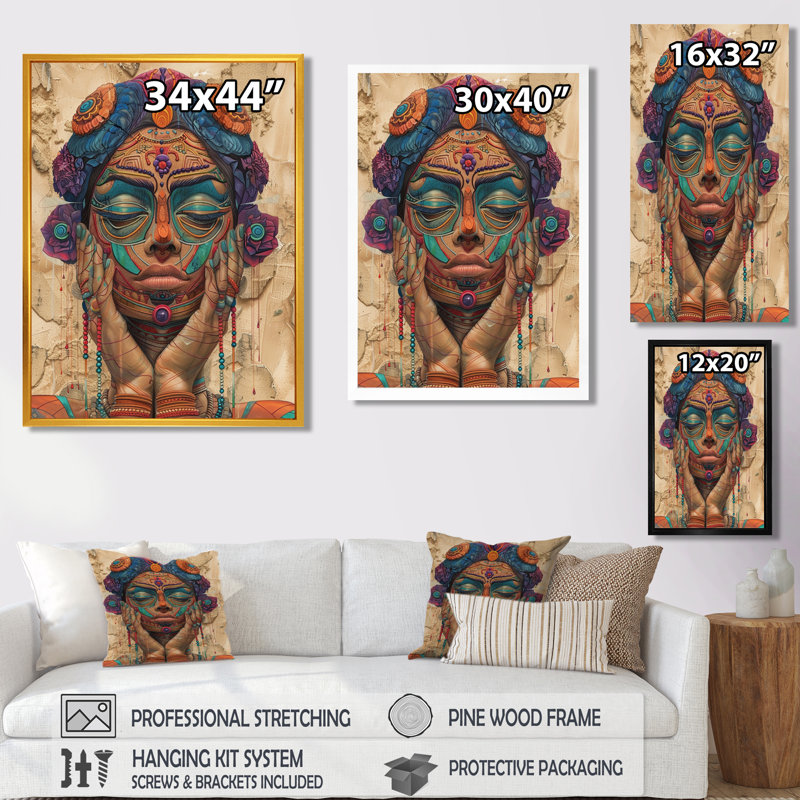 «Reflecting Colorful Boho Retro Illustration», art mural méditation, Toile noire avec cadre flottant, H 20 po x l 12 po