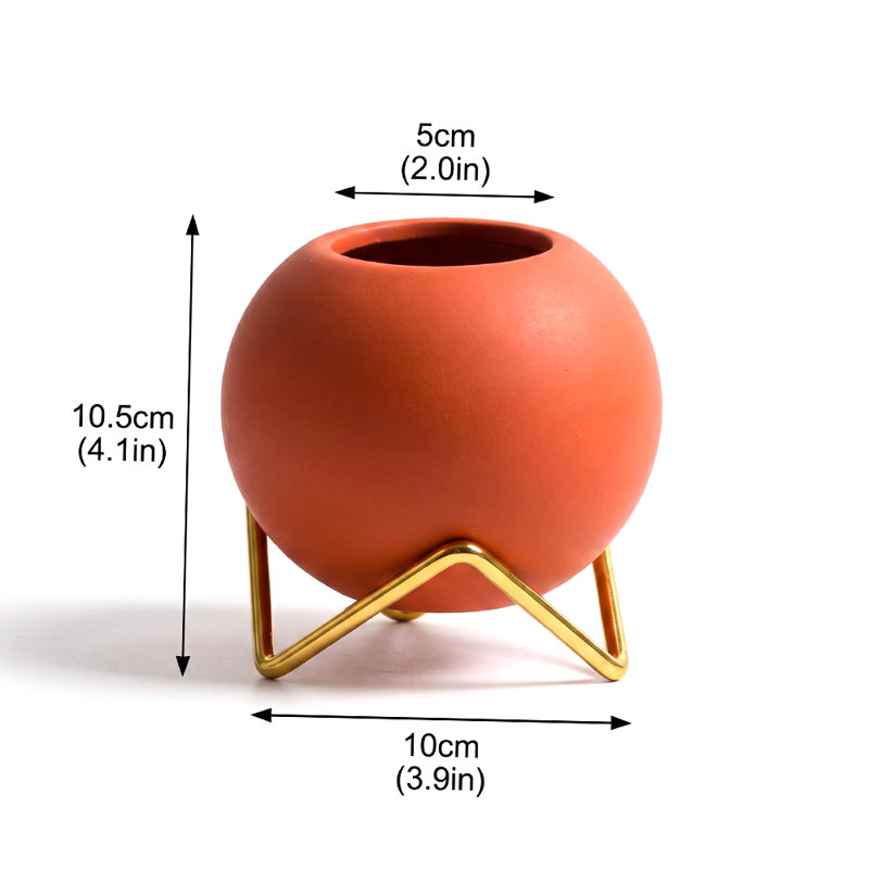 Vase en céramique mat avec support en métal doré - petit vase à fleurs rond pour tablette, bureau et table de salle à manger