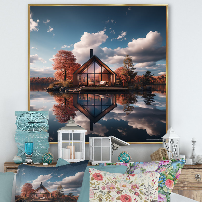 «Lakeside House Autumn Leisure», reproduction sur toile, Cadre flottant doré, 36" H x 36" W