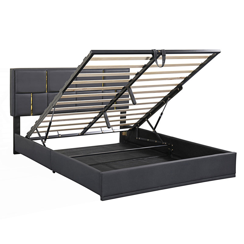 Grand lit plateforme tapissier avec système de rangement hydraulique