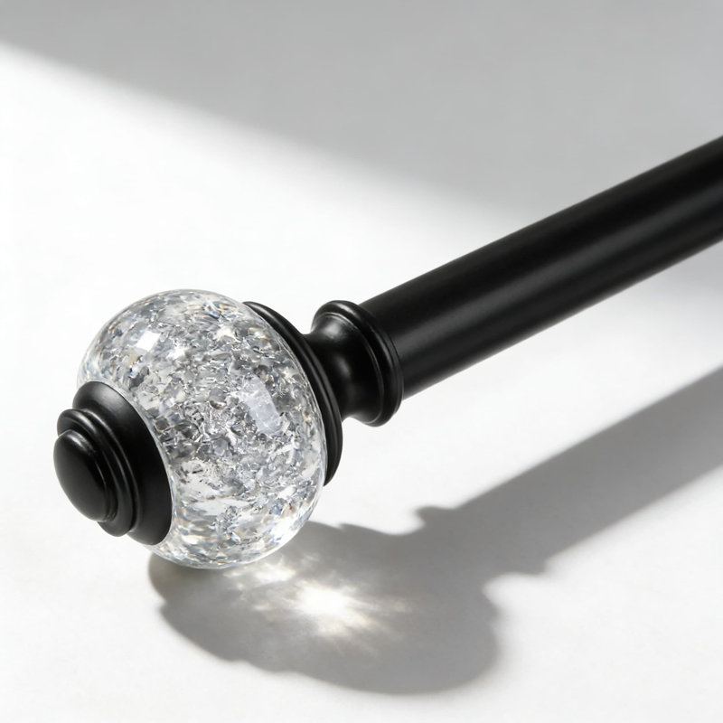 Black 7/8 Inch Diameter Telescoping Curtain Rod With Decorative Crystal Finials, Adjustable From 32 To 144 Inches For Heavy Drapes And Grommet Curtains