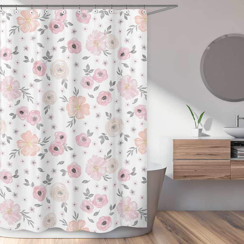 Blush Pink and Grey Watercolor Floral Fabric Shower Curtain