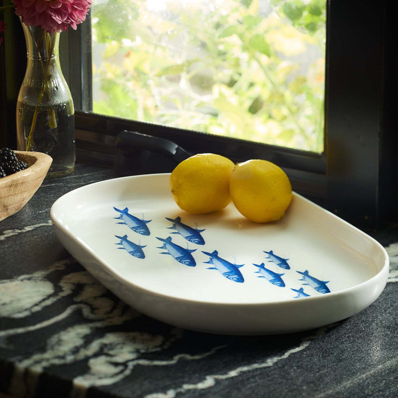 Large Oval White Ceramic Platter with Blue Fish Design