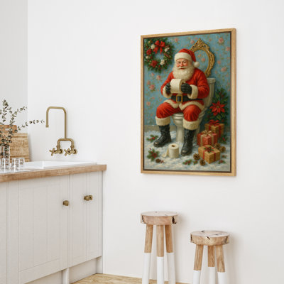 Funny Santa Claus on Toilet Festive Bathroom Christmas Scene Holiday Decor Framed Canvas Master Bedroom Wall Art Work Print