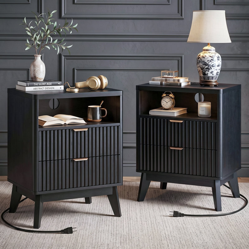 Rhythm Black Nightstand Set of 2, Bed Side Table with Charging Station, Fluted Wood Night Stand, 25.4'' H X 19.69'' W X 14.96'' D