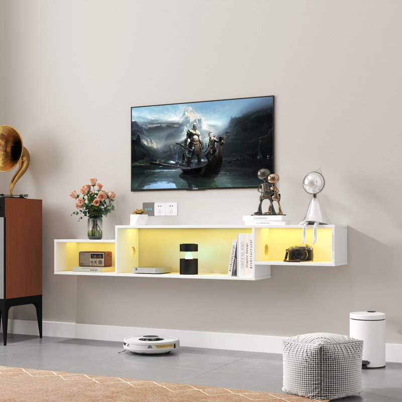 65" Wall Mounted Floating TV Stand with 20-Color LED Lights, Entertainment Center Shelf & Charging Station, White