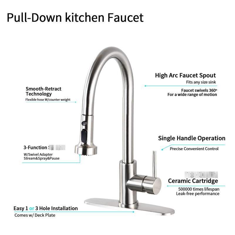 Brushed Nickel Stainless Steel Faucet For Kitchen With Soap Dispenser - Scratch Resistance, Rust Spot Feature Pull Down In 360 Swivel Spout, Scratchproof, Rustproof, Design