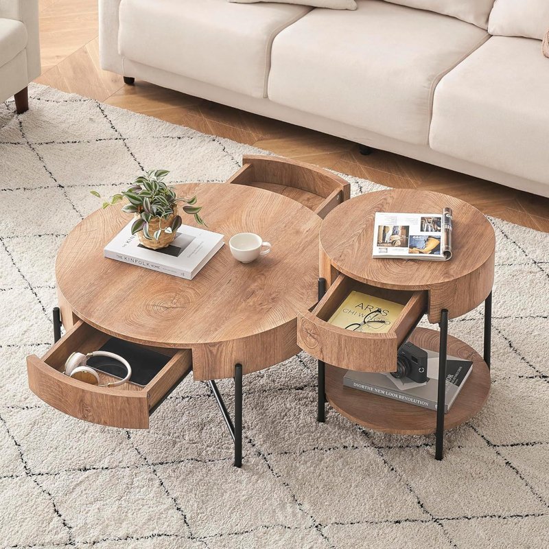 Round Side Table with Storage, Brown/Black