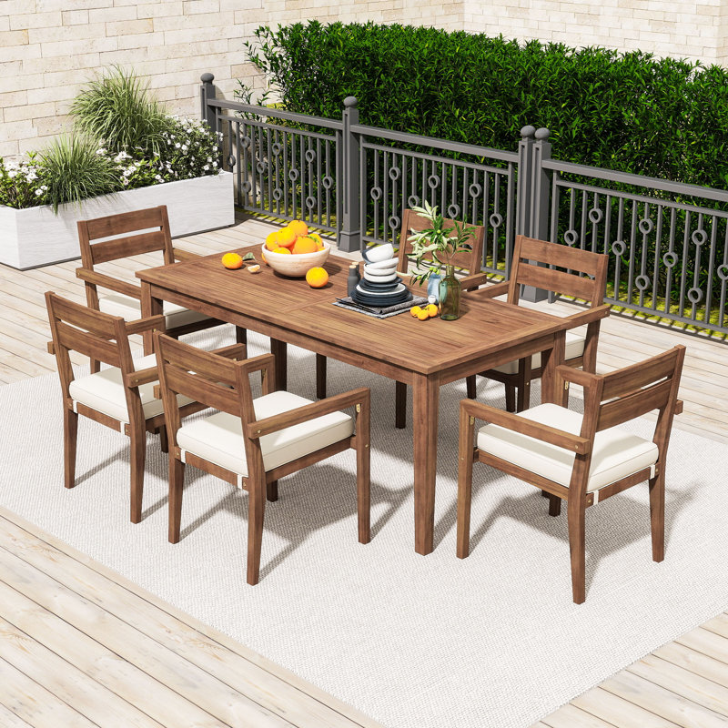 7-Piece Patio Dining Set with Outdoor Table and 6 Cushioned Chairs for Garden, Burly Wood/Beige