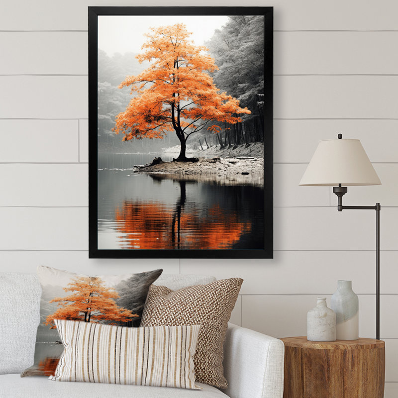 «Orange and Gray Forest Autumn Elegance II», art sur toile Forêt, H 44 po x l 34 po, Cadre photo unique, Noir