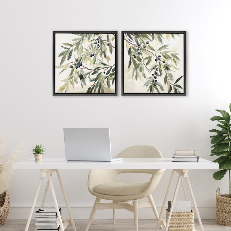 Ensemble de cadres flottants 2 pièces Olive Branches en pastel, design par Mona Grace, Cadre flottant noir de jais