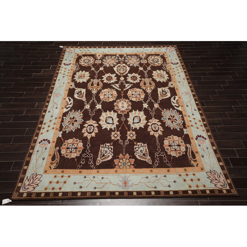 Tapis beige / brun en laine noué à la main de conception unique 9 pi 2 po x 12 pi 1 po Gaije