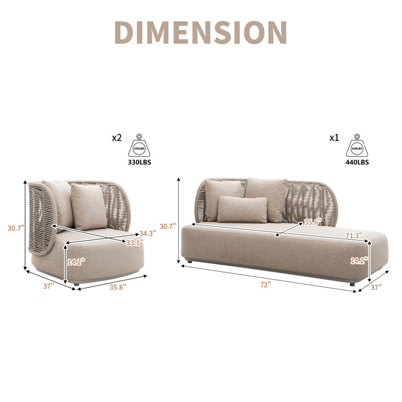 3 Pieces Outdoor Patio Furniture Set Modern Conversation Sofa Set Outdoor Aluminum Sofas Woven Rope Couch,Beige
