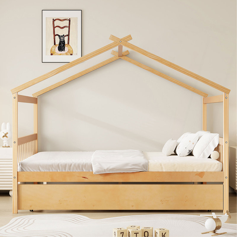 Lit en bois avec lit gigogne simple, Naturel