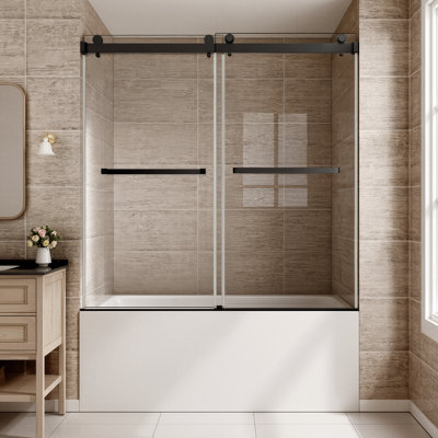 56–60" W x 60" H Frameless Double Sliding Tub Door, 5/16" (8mm) Nano Clear Tempered Glass with Safety Film, Stainless Steel Hardware, Matte Black