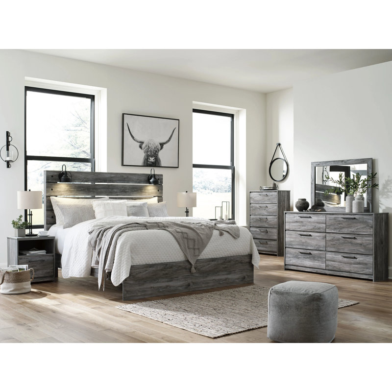 Bays 2Pc Dresser And Mirror Set, 6 Drawers, Charcoal Handles, Gray