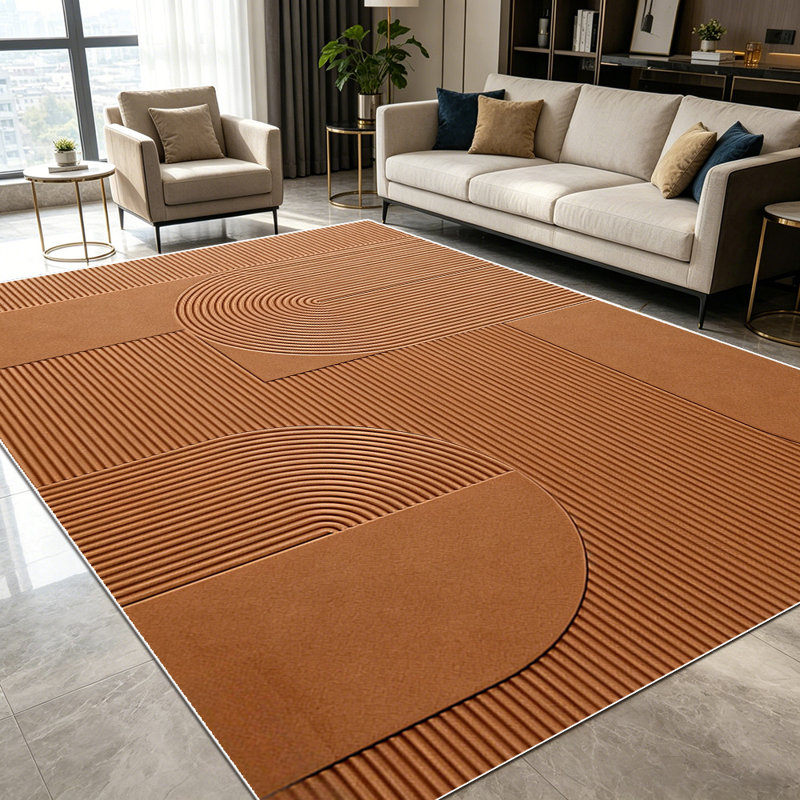 1PC Modern Brown Geometric Arch Ribbed Striped area rugs for Living Room, Soft and Comfortable, Suitable for all seasons, easy-to-maintain, machine washable Indoor floor mat, Under Table Farmhouse suitable for dining table, bedroom, entryway, home