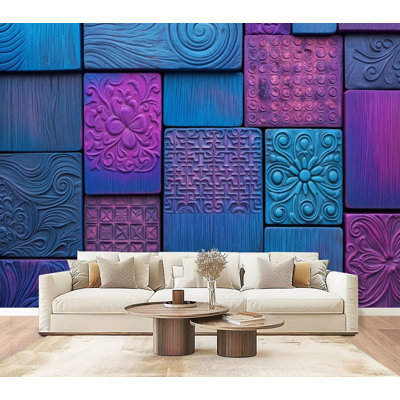 Papier peint adhésif à carreaux abstraits à motif 3D bleu et violet Futuristic Peel and Stick
