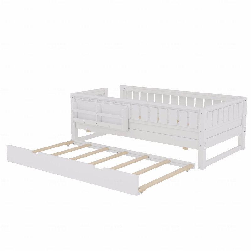 Simple avec bibliothèque intégrée avec tablettes de rangement et petit escalier, rails de sécurité de haute qualité et lit gigogne, finition blanche