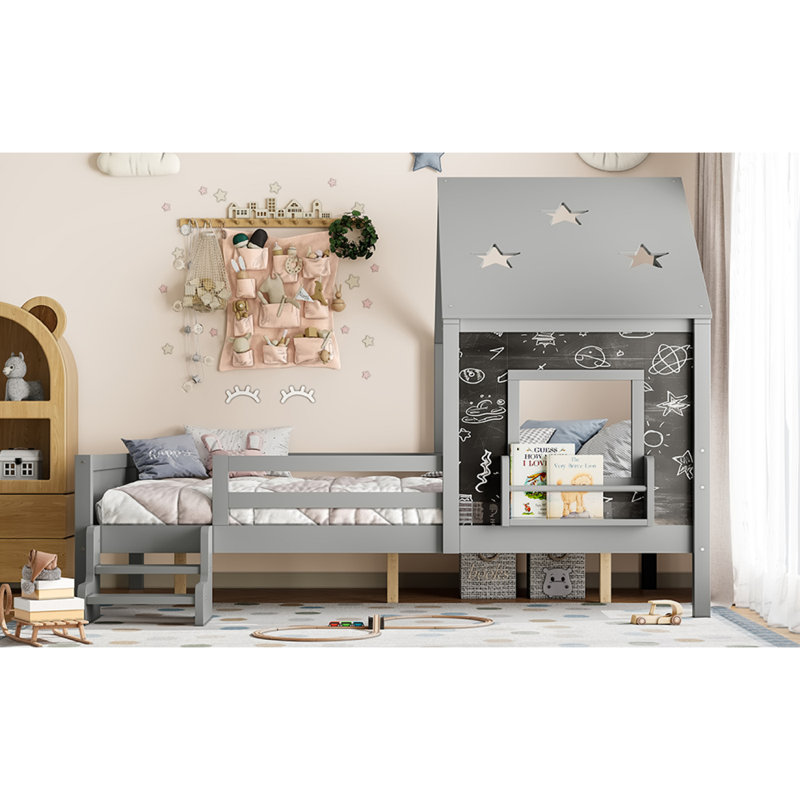 Lits doubles avec escalier à profil bas et fenêtre, lit plateforme en bois massif avec bibliothèque, tableau noir et joli toit en forme d'étoile, sans sommier tapissier, gris