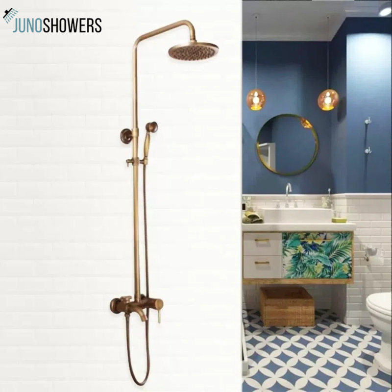 Ensemble de pomme de douche à main en laiton avec robinet mélangeur 8 pouces Juno - Design mural laiton antique