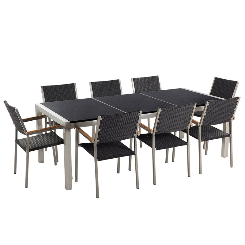Dolder 8 - Person Rectangular Stone Patio Dining Set, Black Polish