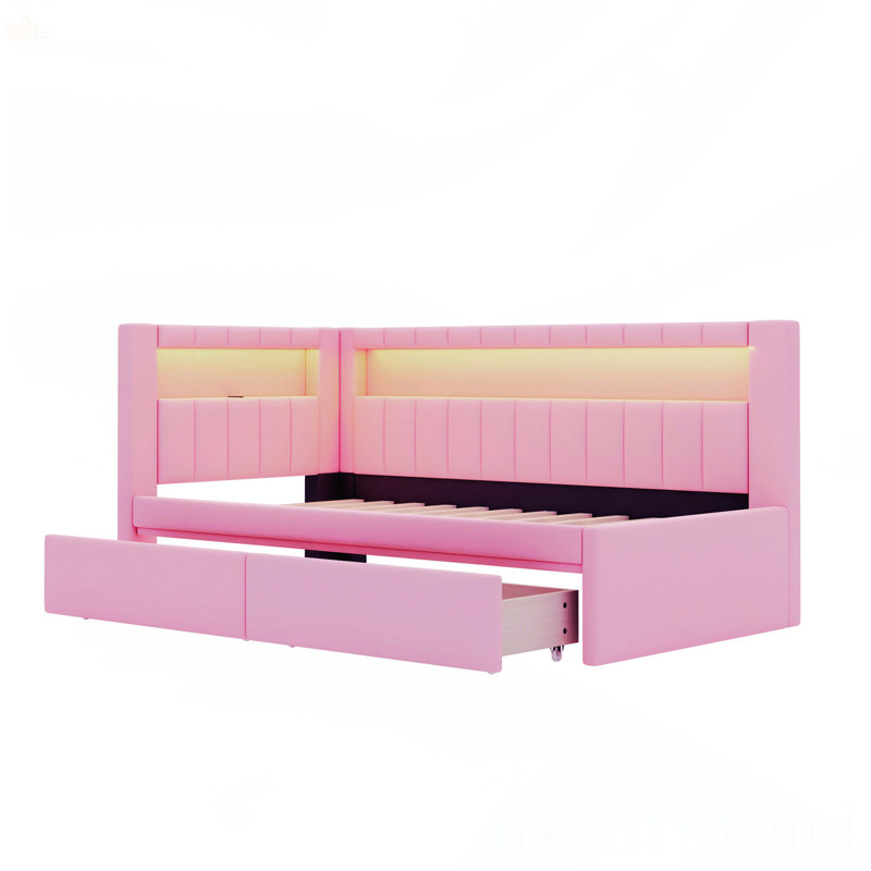 Lit plateforme tapissier simple avec ports USB et ceinture à DEL, Rose
