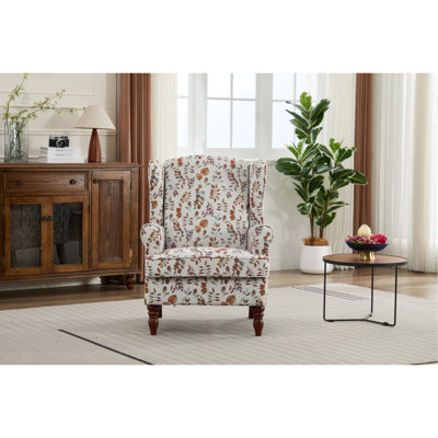 Modern Accent Chair With Floral Yellow And Retro Wood Legs, Comfy Armchair For Office, Bedroom, Living Room, Linen Fabric Design Comfortable 27.56 In Depth