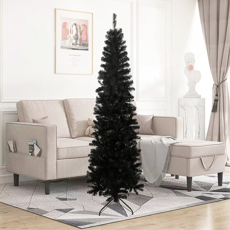 Arbre de Noël artificiel noir 7,5 pi avec support pliable en métal