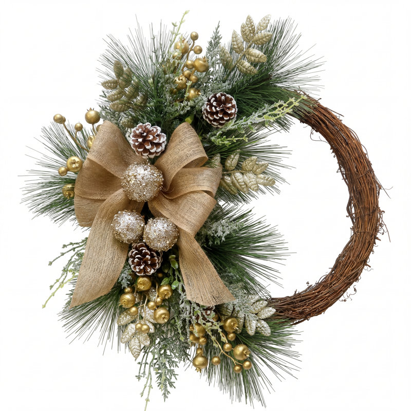 Demi-couronne de Noël 24 po avec 20 lumières DEL, 8 modes d'éclairage et minuterie, branches de pin en PVC, couronne artificielle à fond plat pour la porte d'entrée, la fenêtre, le foyer et le manteau de cheminée