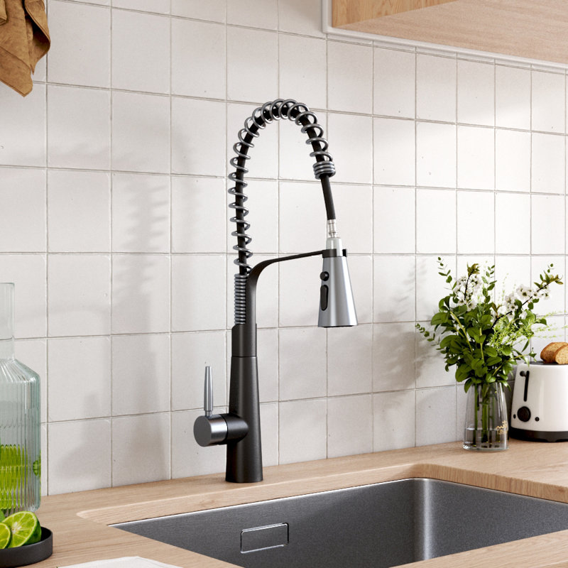 Belfry Kitchen Dunfee Pull Out Kitchen Faucet, Matte Black/Chrome