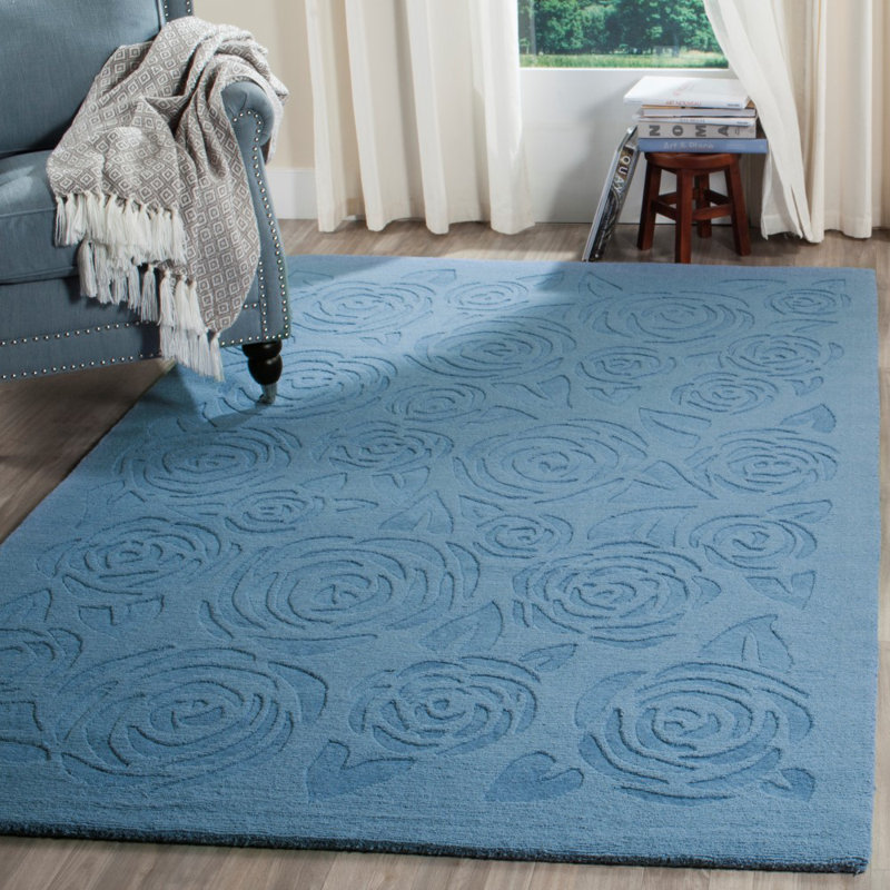 Tapis bleu en laine touffeté à la main Block Rose, Rectangle 4 pi x 6 pi