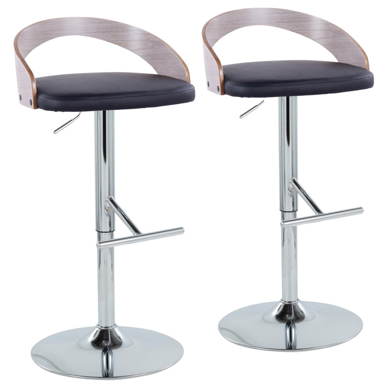 Adjustable Black PU and Grey Wood Swivel Barstool with Chrome Base