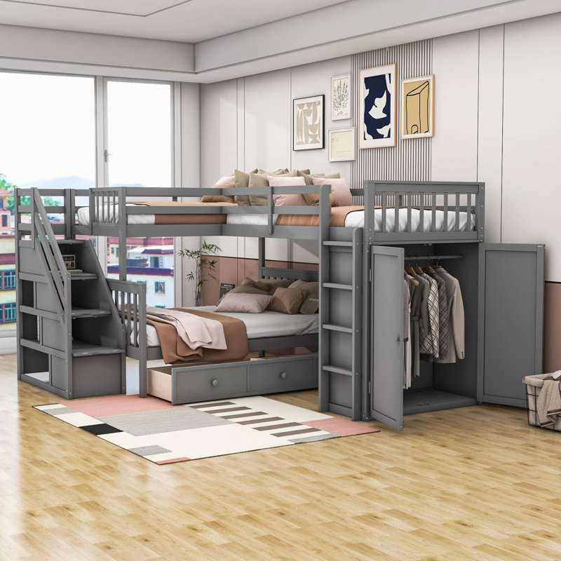 Jashya Kids Bunk Bed with Drawers, Gray