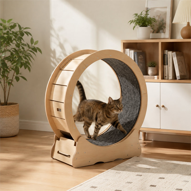 Roue d'exercice pour chat d'intérieur de 75,4 cm (29,7 pouces) en panneau de fibres, couleur bois, avec double système silencieux, large base, tapis amovible et montage facile. Convient aux chats jusqu'à 3,6 kg (8 lb).