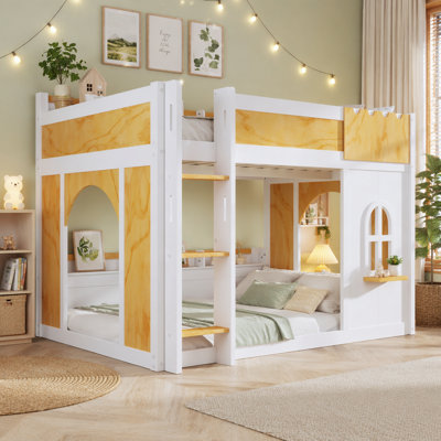 Wooden Queen Loft Bed with Wardrobe and Desk, Headboard with Storage and USB, Brown