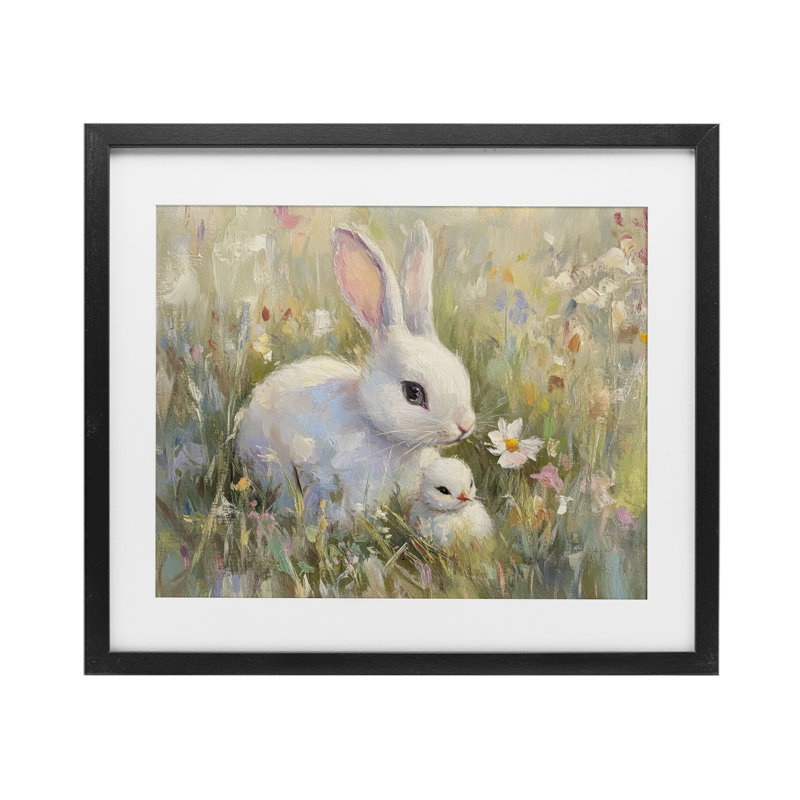 Lapin blanc, Pâques et fleurs, reproduction encadrée sous verre, design par Petal Prints Design, H 17 po x l 21 po