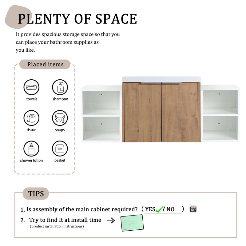 Meuble-lavabo mural simple 48 po avec plateau en résine, Beige